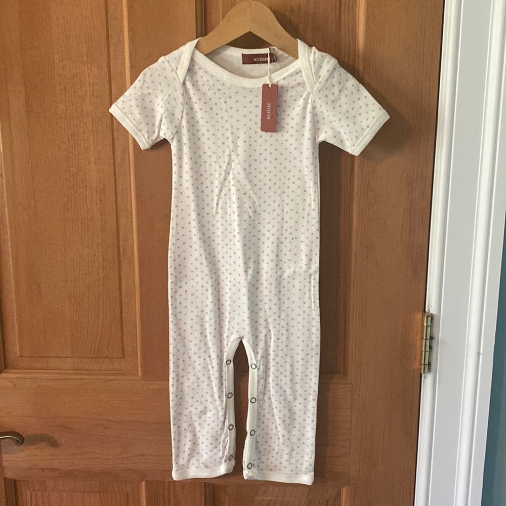 Milkbarn Short Sleeve One Piece Purple Polka Dots Romper, New 6-12 & 12-18 MO